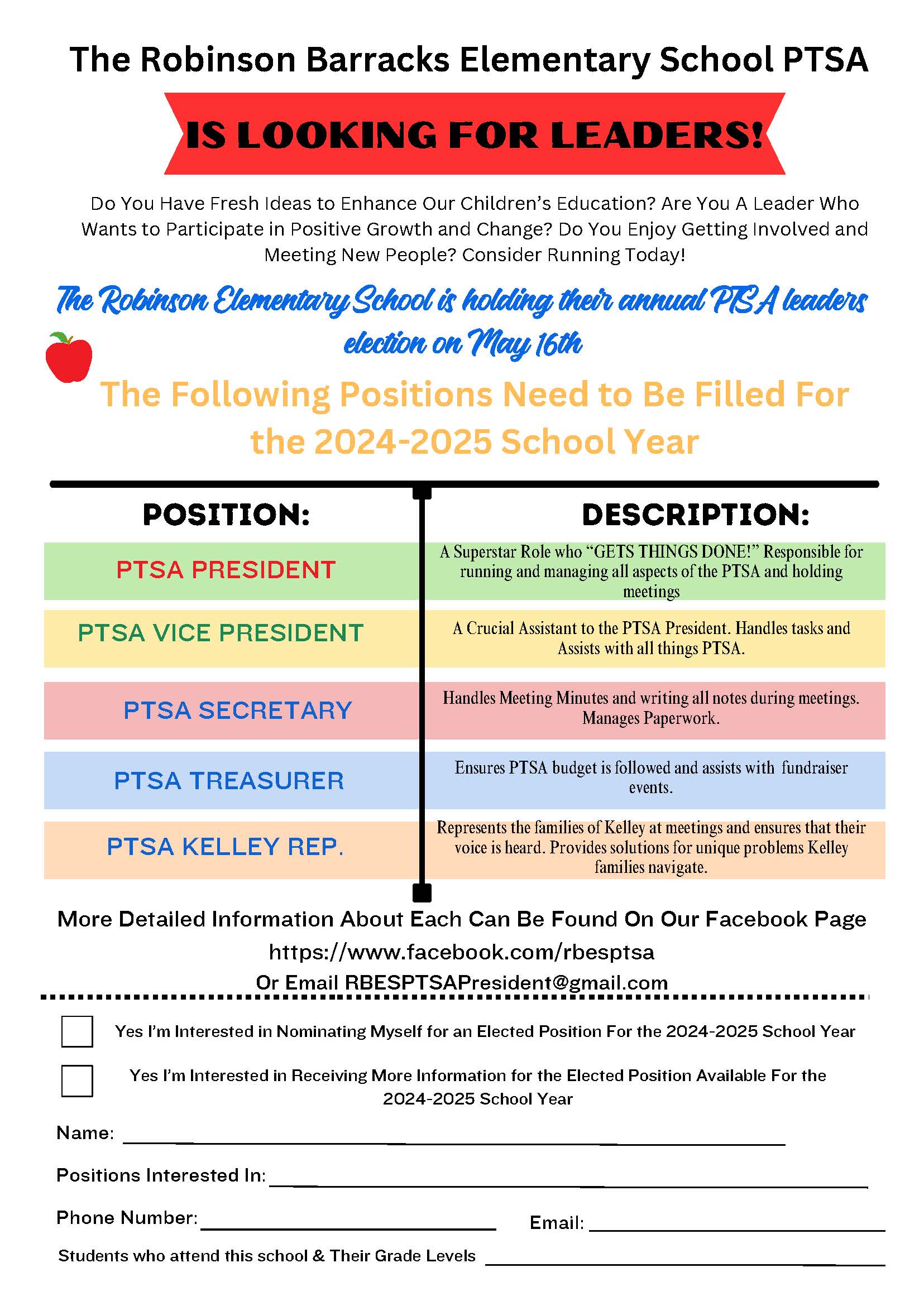 Looking for RBES PTSA Leaders | Robinson Barracks Elementary School | DoDEA